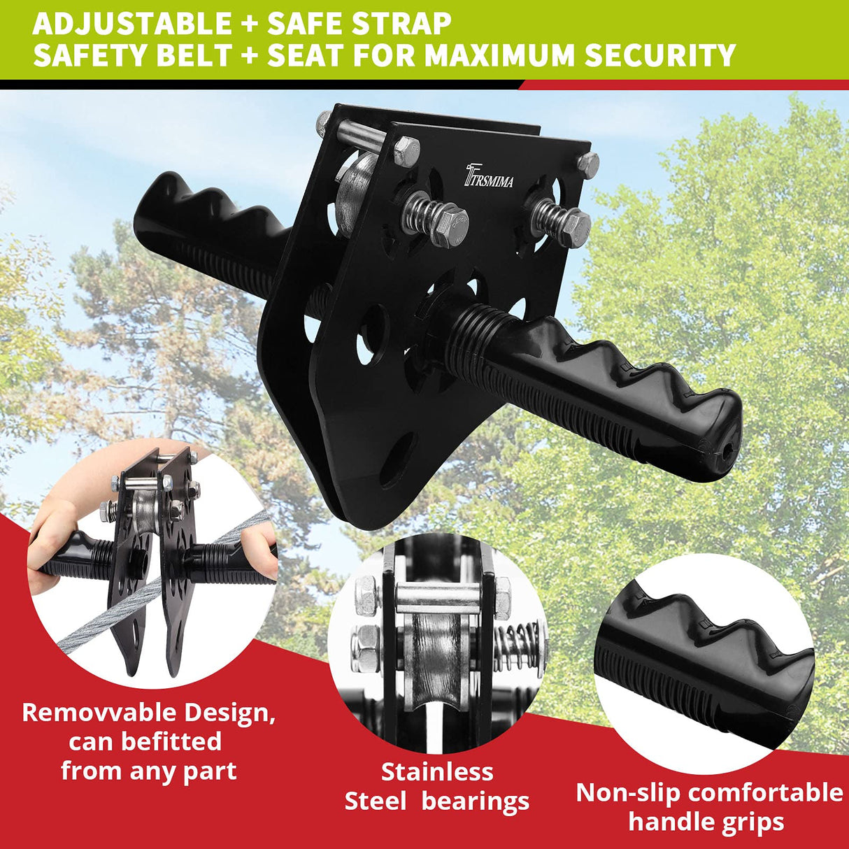 100ft /120ft /150ft Zip Line Kit for Kids and Adult Up to 330 lb with Zipline Spring Brake and Safety Harness, Zip line Trolley with Handle and Thickened Seat,for Backyard Playground Entertainment TT TRSMIMA