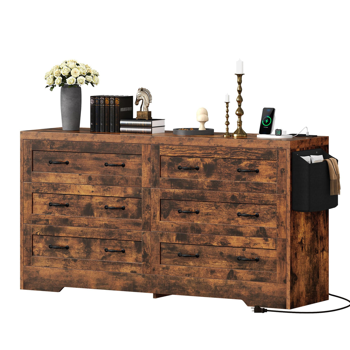 DWVO Farmhouse 6 Drawer Dresser for Bedroom, 60 Inch Large Modern Dresser TV Stand with Large Drawers & Bar Handles, Storage Dressers with Power Outlets, Rustic Wood Chest of Drawers, Rustic Brown DWVO