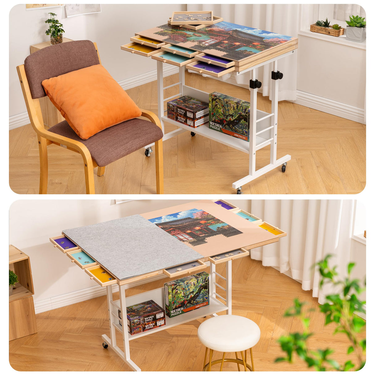 Tektalk 2000 Piece Foldable Puzzle Board with Height Adjustment, Jigsaw Puzzle Table with 2 Felt Cover & 8 Sorting Trays/Drawers, Puzzle Easel with Legs, Enclosed with 4 Roller Wheels Tektalk