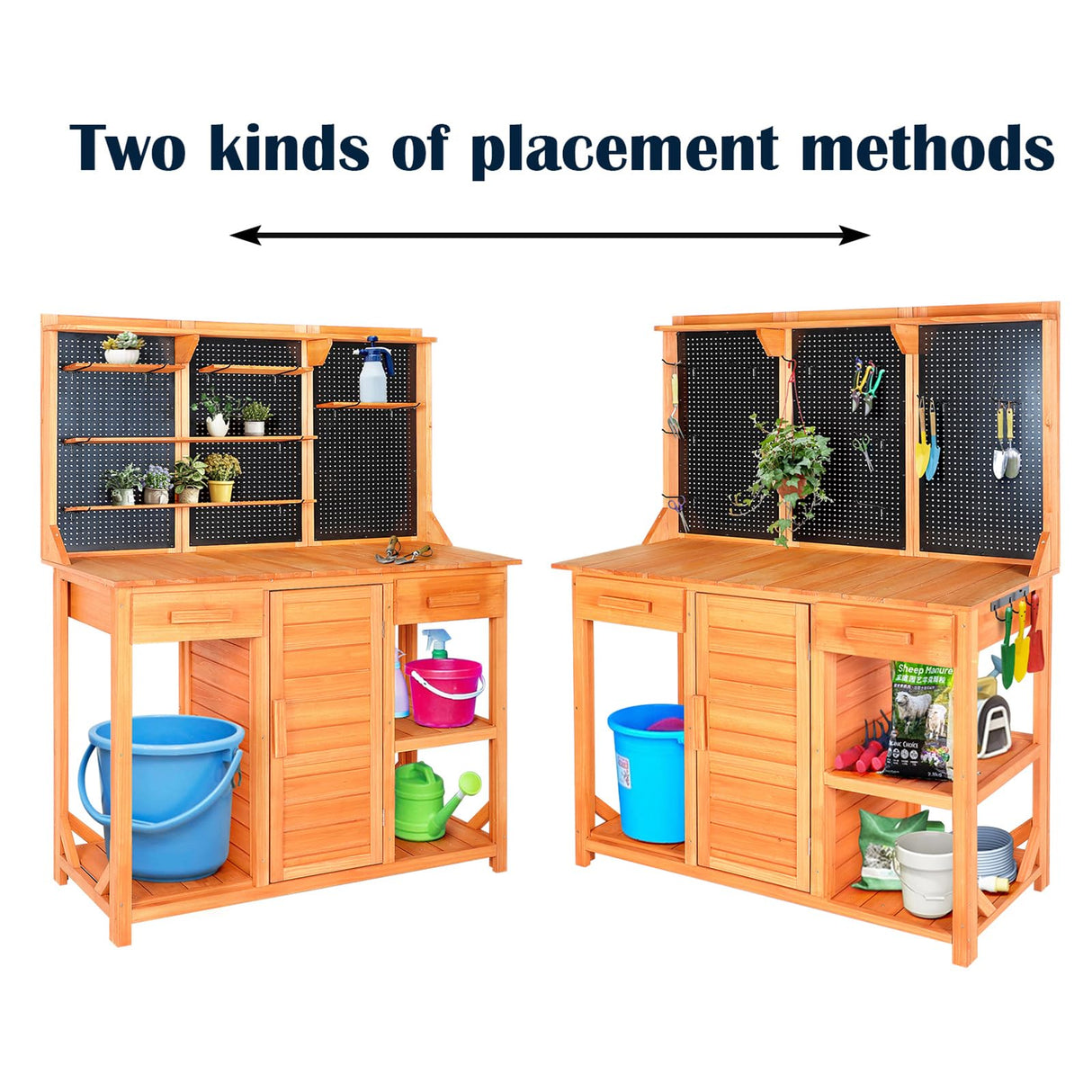 Agitree Outdoor Potting Bench with Double Doors,Drawer Garden Potting Table with Adjustable Shelf/Hooks,Wooden Potting Benches with Cabinet for Backyard,Patio.（45x49x14 inches Agitree