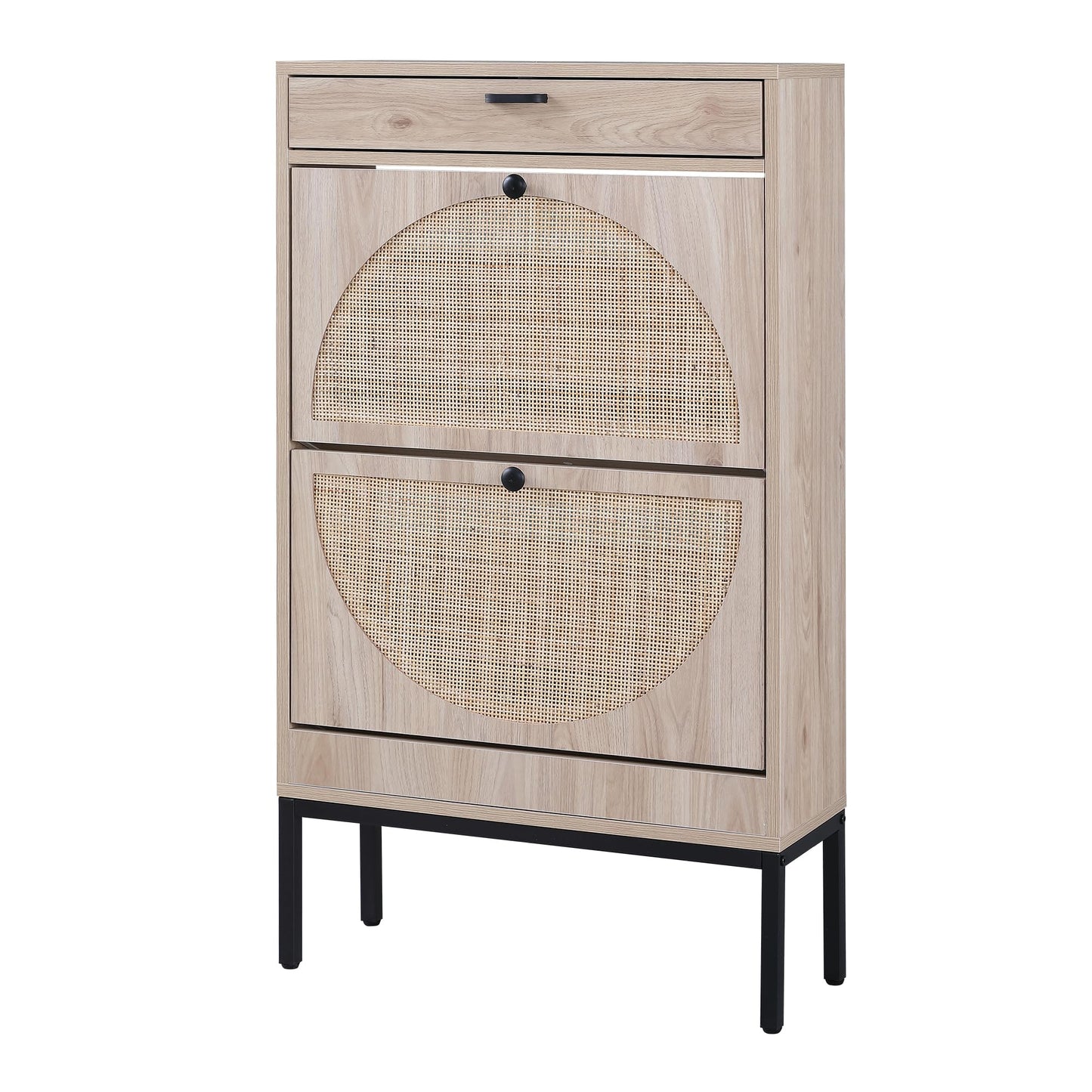 XIAO WEI Shoe Cabinet, Natural Semi Circle Rattan Shoe Storage Organizer Cabinet with 2 Flip Drawers, Freestanding Shoe Rack with Adjustable Shelf for Entryway - WoodArtSupply