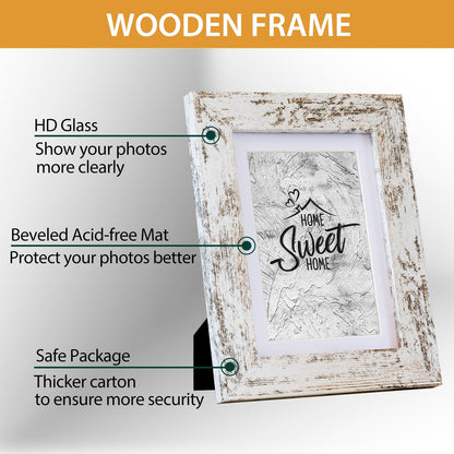 Califortree Rustic White 5x7 Picture Frame - Display Photos 4x6 with Mat or 5x7 Without Mat - Real Glass Frames for Wall and Tabletop - Set of 2