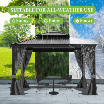 10' x 12' Hardtop Gazebo, Metal Gazebos with Aluminum Frame, Double Galvanized Steel Roof, Outdoor Permanent Gazebo with Curtains and Netting for Patio Lawn Backyard and Garden(Gray)