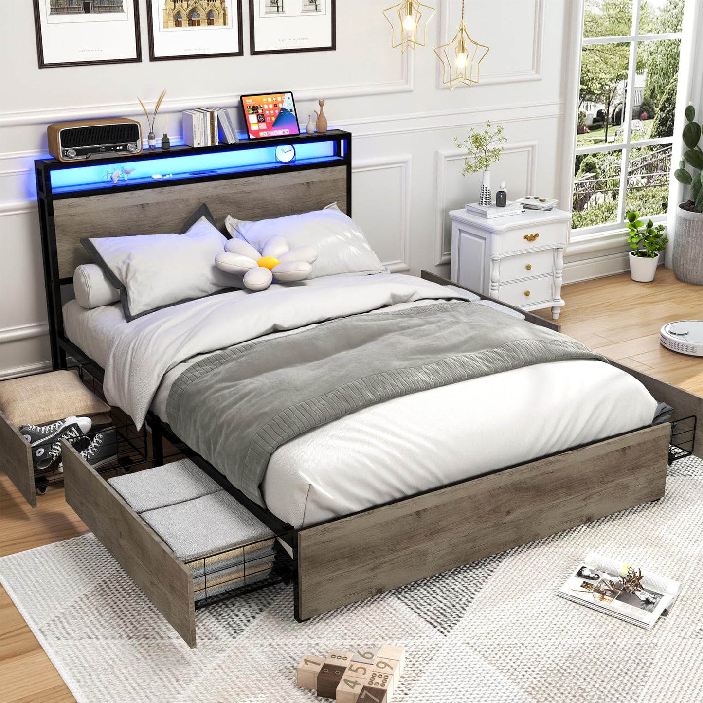 Kiivakii Grey Full Size Bed Frame with LED Lights, 4 Storage Drawers & Charging Station - WoodArtSupply