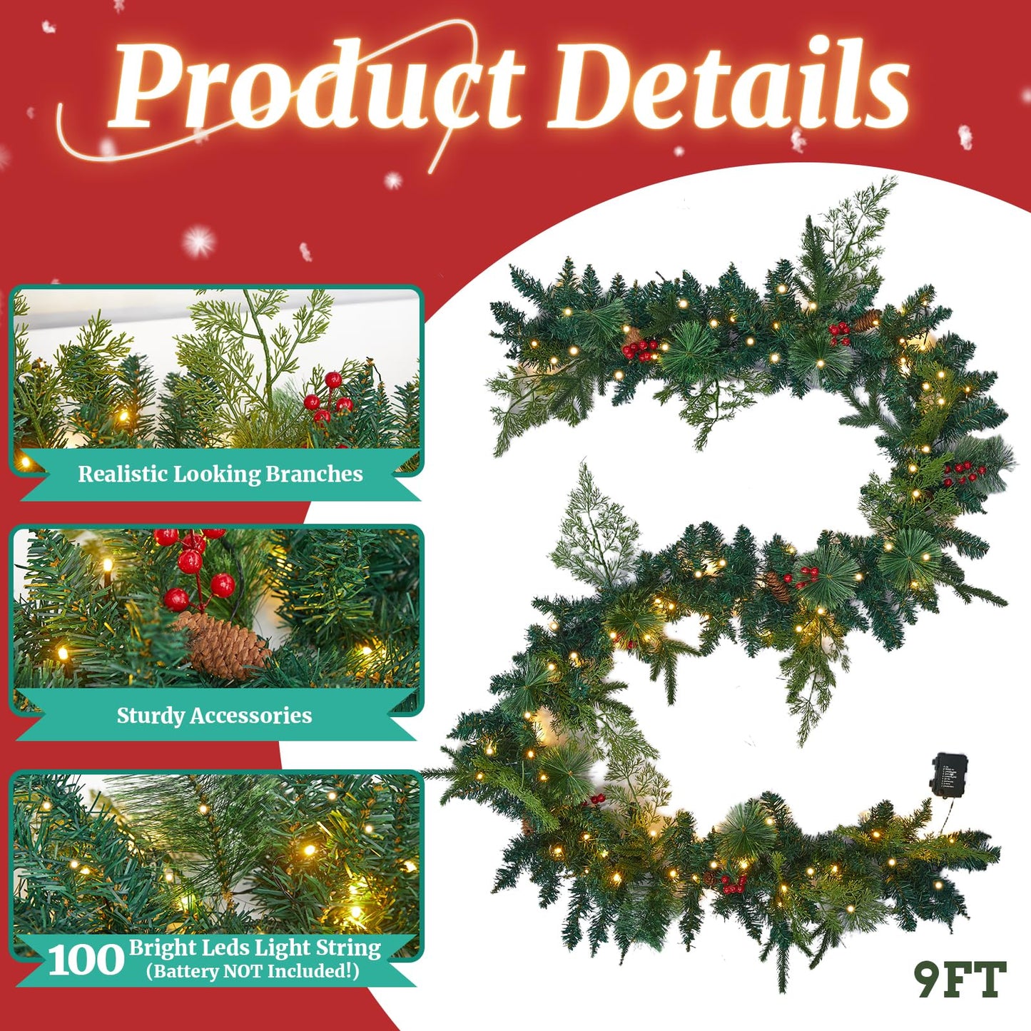 9 Ft Christmas Garland with Lights - Realistic Prelit Christmas Garland with Pine Cones Red Berries Xmas Garland for Fireplace Railing Door Home Christmas Decorations Indoor (Battery NOT Included)