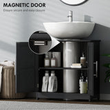 HOMCOM Pedestal Sink Storage Cabinet, Farmhouse Freestanding Bathroom Sink Cabinet with 2 Barn Doors and Adjustable Shelf, Distressed Black HOMCOM