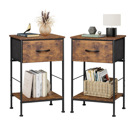 WLIVE Nightstand Set of 2, End Table with Fabric Storage Drawer and Open Wood Shelf, Bedside Furniture with Steel Frame, Side Table for Bedroom, Dorm, Rustic Brown Wood Grain Print, 24.9" Height WLIVE