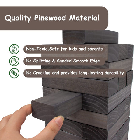 Juegoal 54 Pieces Giant Tumble Tower Blocks Game Giant Wood Stacking Game with 1 Dice Set, Gameboard, Canvas Bag for Adult, Kids, Family, Grey Juegoal