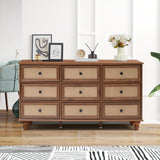 ORRD 9 Drawer Dresser for Bedroom, Mid Century Modern Wide Wood Rustic Chest of Drawers Wooden Storage Organizer Dressers with Burlap Rattan Drawers for Living Room, Hallway Closet, Entryway, Walnut ORRD