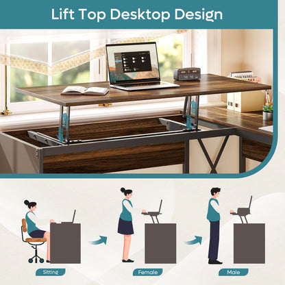 Bestier Lift Top L Shaped Desk with File Drawer, 55'' x 55'' Office Desk with Reversible Storage Drawers, L Shaped Standing Desk with Computer Monitor Stand (Walnut, 55'' x 55'') - WoodArtSupply