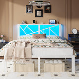 ChicZhiNest Queen White Metal Bed Frame with USB Charging Station, LED Ambient Lighting, and Wooden Storage Headboard - Includes Under-Bed Storage, No Box Spring Needed, Noise Free, Easy to Assemble ChicZhiNest