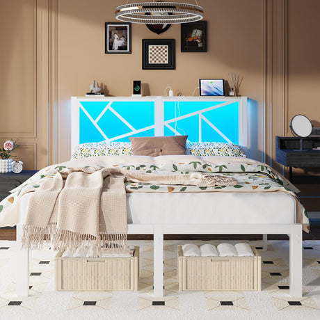 ChicZhiNest Queen White Metal Bed Frame with USB Charging Station, LED Ambient Lighting, and Wooden Storage Headboard - Includes Under-Bed Storage, No Box Spring Needed, Noise Free, Easy to Assemble ChicZhiNest