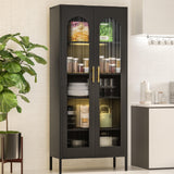 VASAAOSD 71" Kitchen Pantry Storage Cabinet, Display Cabinet with Glass Doors and Lights, Tall Storage Cabinet with Adjustable Shelves, Kitchen Pantry Cabinet for Dining Room, Living Room, Black VASAAOSD