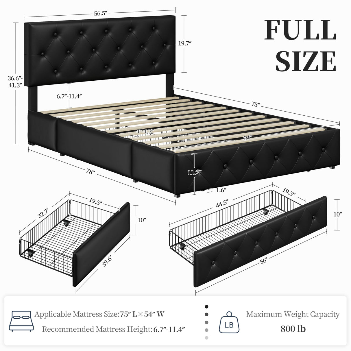 Yaheetech Full Bed Frame Upholstered Bed Frame with Adjustable Diamond Button-Tufted Headboard/3 Drawers Storage, Queen Platform Bed/Strong Wooden Slats, Black Full Bed Yaheetech