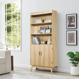 68" Fluted Tall Bookcase with Storage Cabinet,Mid-Century Modern 5-Tiers Arched Bookshelf Cabinet with Doors,Arched Bookcase with Open Display Storage Shelf for Home Office Bedroom Living Room,Natural XUZENEST