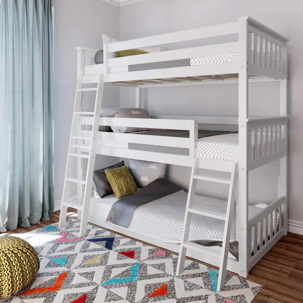 Max & Lily Triple Twin Bunk Bed, Solid Wood Bed Frame For Kids, No Box Spring Needed, Easy Assembly, White Max & Lily
