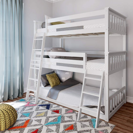 Max & Lily Triple Twin Bunk Bed, Solid Wood Bed Frame For Kids, No Box Spring Needed, Easy Assembly, White Max & Lily