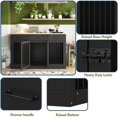 DAWNSPACES Extra Large Dog Crate Furniture with 3 Drawers, Indoor Heavy Duty Dog Kennel House, 55.3" Furniture Style Dog Crate Side End Table TV Stand for XL Large Medium Breed Dogs, Black - WoodArtSupply