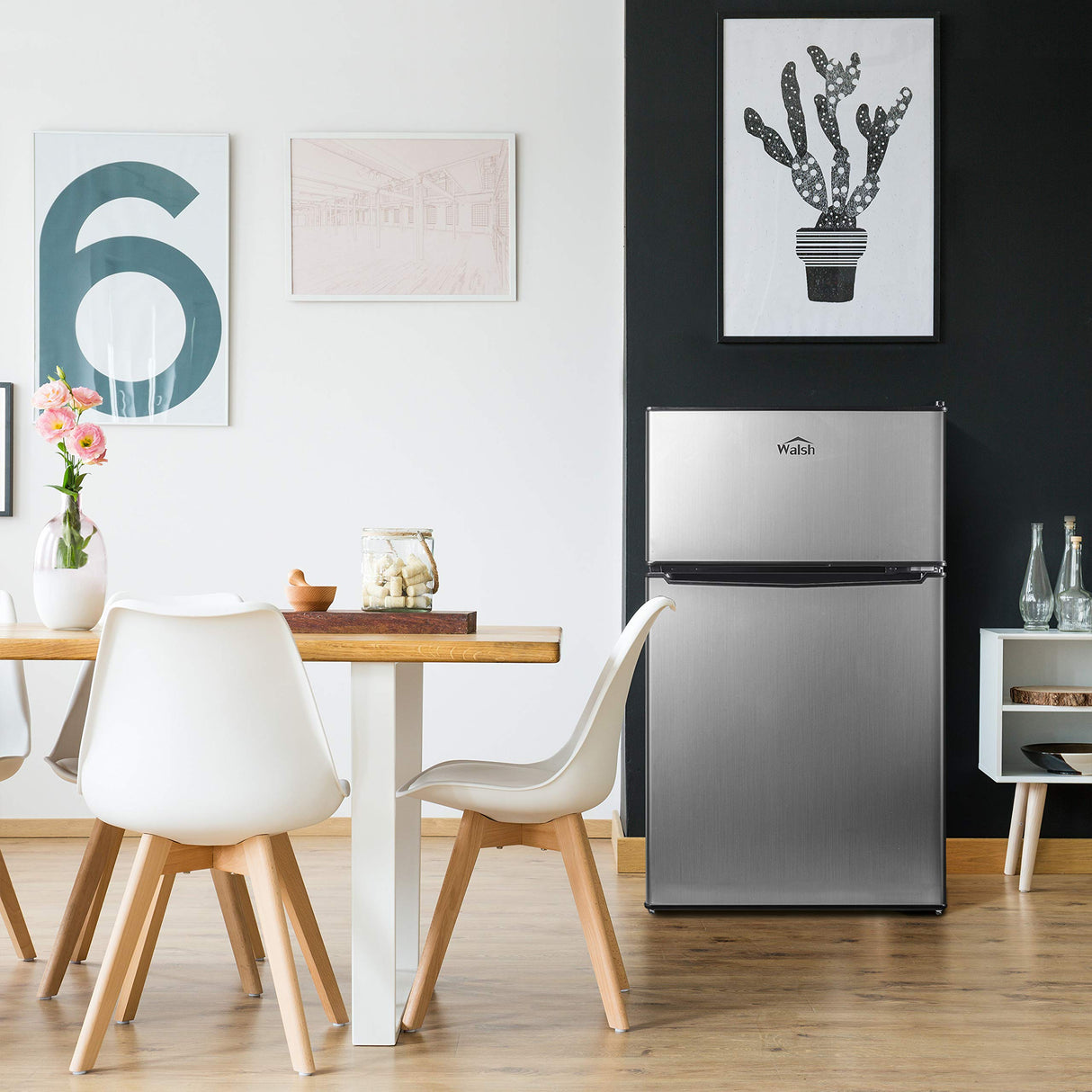 Walsh Compact Retro Refrigerator, Dual Door Mini Fridge, Energy Efficient, Adjustable Mechanical Thermostat with Freezer, Reversible Doors with leveling Front Legs, 3.1 Cu Ft, Stainless Steel Walsh