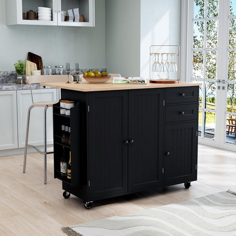 HLR Kitchen Island with Storage, Rolling Kitchen Island on Wheels with Drop-Leaf Bar Countertop, Island Table for Kitchen with Side Open Spice Rack and Tower Rack, Extra Storage for Kitchen HLR