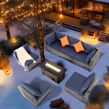 FHFO 7 Piece Outdoor Wicker Patio Furniture Set, Rattan Sectional Sofa Couch, Patio Conversation Set with Cushion & Coffee Table, for Backyard Poolside Porch Garden, Grey-Navy Blue FHFO