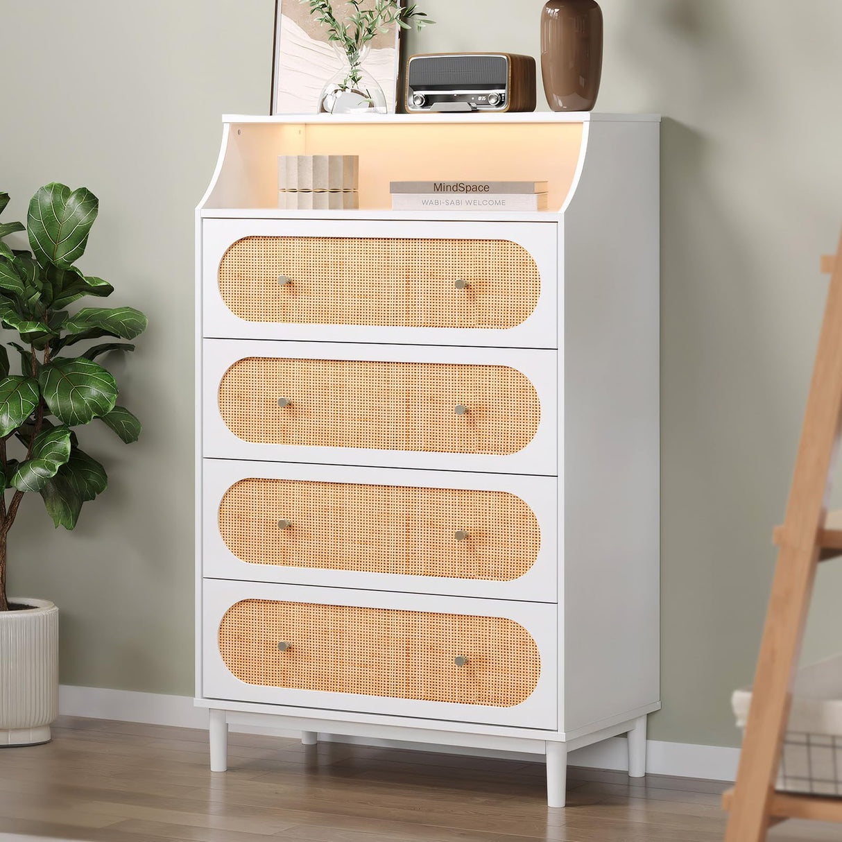 VINGLI White Rattan Dresser with LED Lights, Tall Dresser, Rattan Chest of Drawers for Bedroom, Vertical 4 Drawer Dressers for Bedroom, Boho VINGLI
