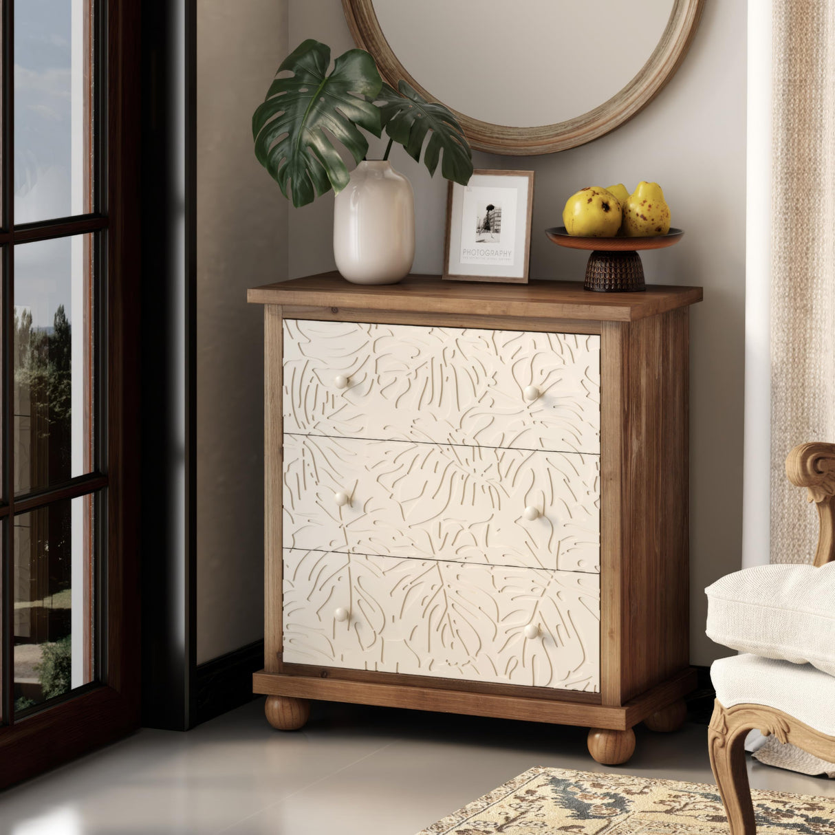 COZAYH Farmhouse 3-Drawer Dresser, French Country Chest of Drawer with Leaves Pattern Carved, Distressed Finish, White & Brown COZAYH