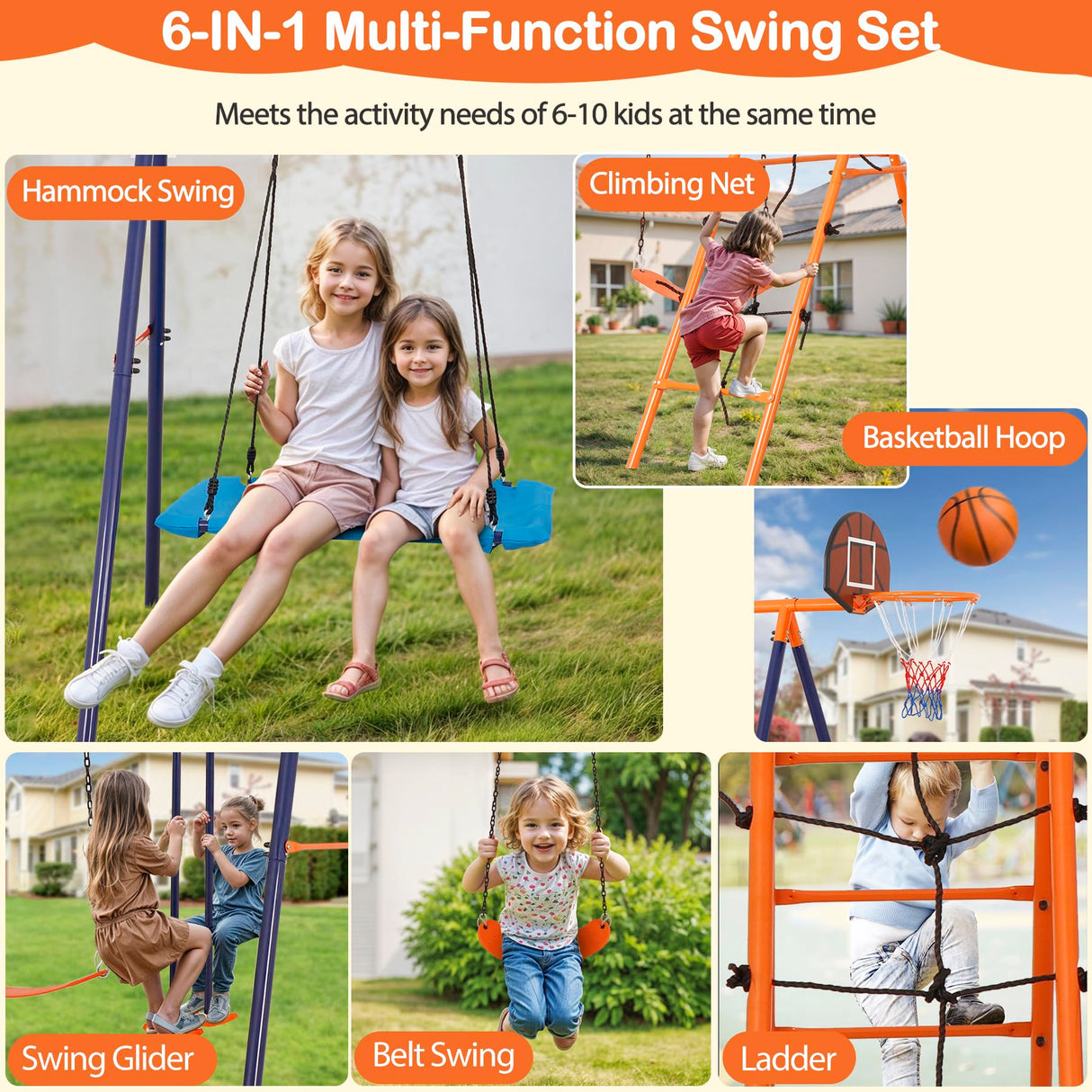 SUPER DEAL Outdoor Swing Set for Kids, Metal Playset with Adjustable Swings, Climbing Ladder and Nets, Swing Glider, Basketball Hoop for Backyard Playground, Heavy Duty 6 in 1 SUPER DEAL