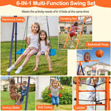 SUPER DEAL Outdoor Swing Set for Kids, Metal Playset with Adjustable Swings, Climbing Ladder and Nets, Swing Glider, Basketball Hoop for Backyard Playground, Heavy Duty 6 in 1 SUPER DEAL