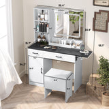 Esmlada Large Vanity Desk with Mirror and Light, Makeup Vanity Table and Cushioned Stool Set, Bedroom Dressing Table with Charging Station and 3 LED Light Modes Brown Esmlada