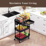 EaseSky Rolling Utility Cart with Drawer 3 Tier, Utility Storage Organizer with Plastic Shelf & Lockable Wheels Multifunctional Storage Cart for Kitchen, Bathroom, Office, Living Room, Black EaseSky
