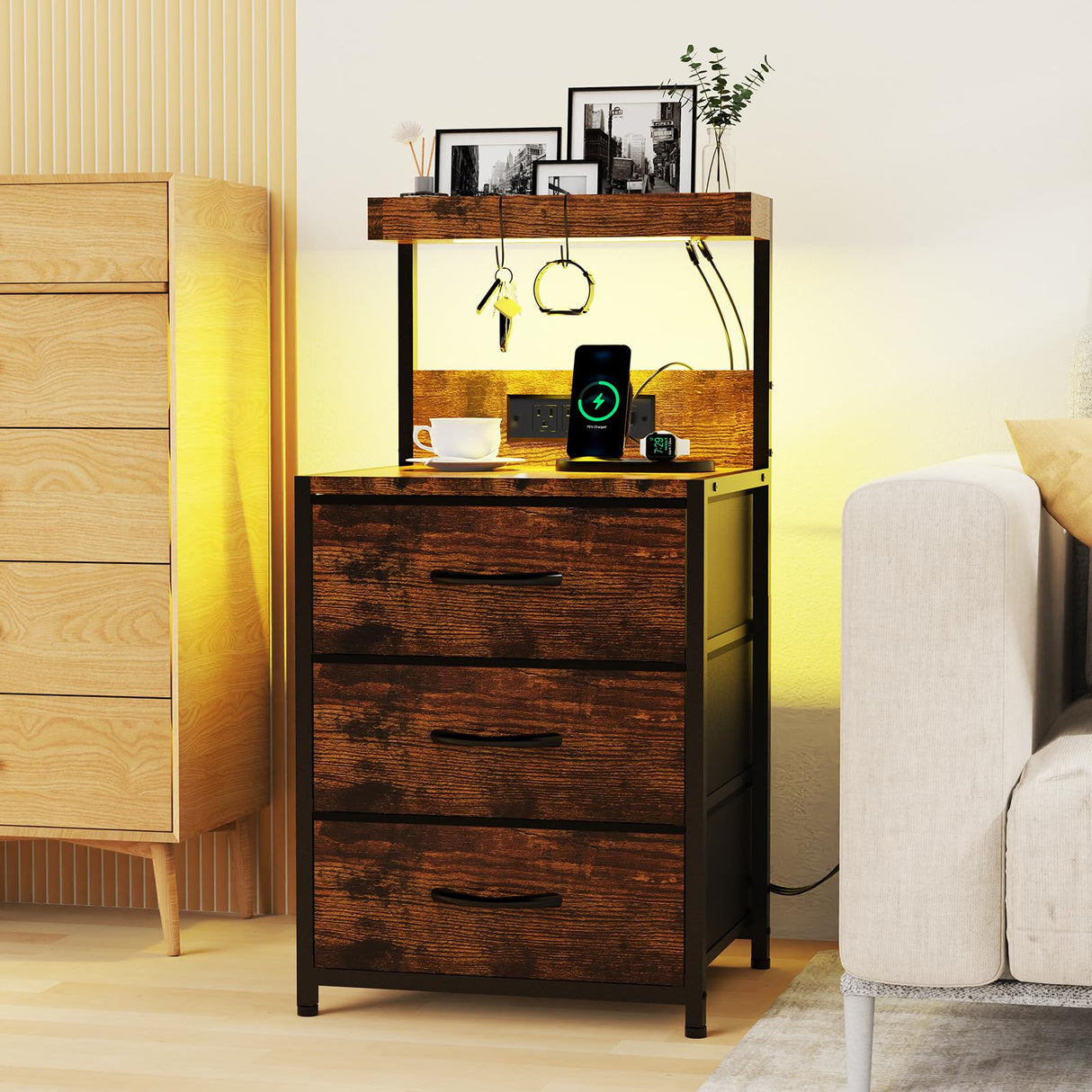 SZLHANJZ Nightstand, Dresser Nightstand with Charging Station and Led Lights, 3 Drawers Night Stand with Storage Shelf and Hooks, Tall End Side Table for Bedroom, Rustic Brown SZLHANJZ