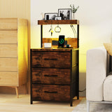SZLHANJZ Nightstand, Dresser Nightstand with Charging Station and Led Lights, 3 Drawers Night Stand with Storage Shelf and Hooks, Tall End Side Table for Bedroom, Rustic Brown SZLHANJZ
