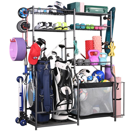 PLKOW Golf Storage Ball Rack Garage Organizer, 2 Golf Bag Organizer and Other Sports Equipment Organizer for Garage, Extra Large Size Sports Storage Rack for Garage PLKOW