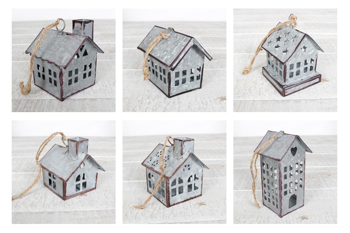 Sweet Summer Living Set of 6 Pieces Assorted Christmas Ornament, Village Houses, Farmhouse Decor, Tin Houses Galvanized Sweet Summer Living