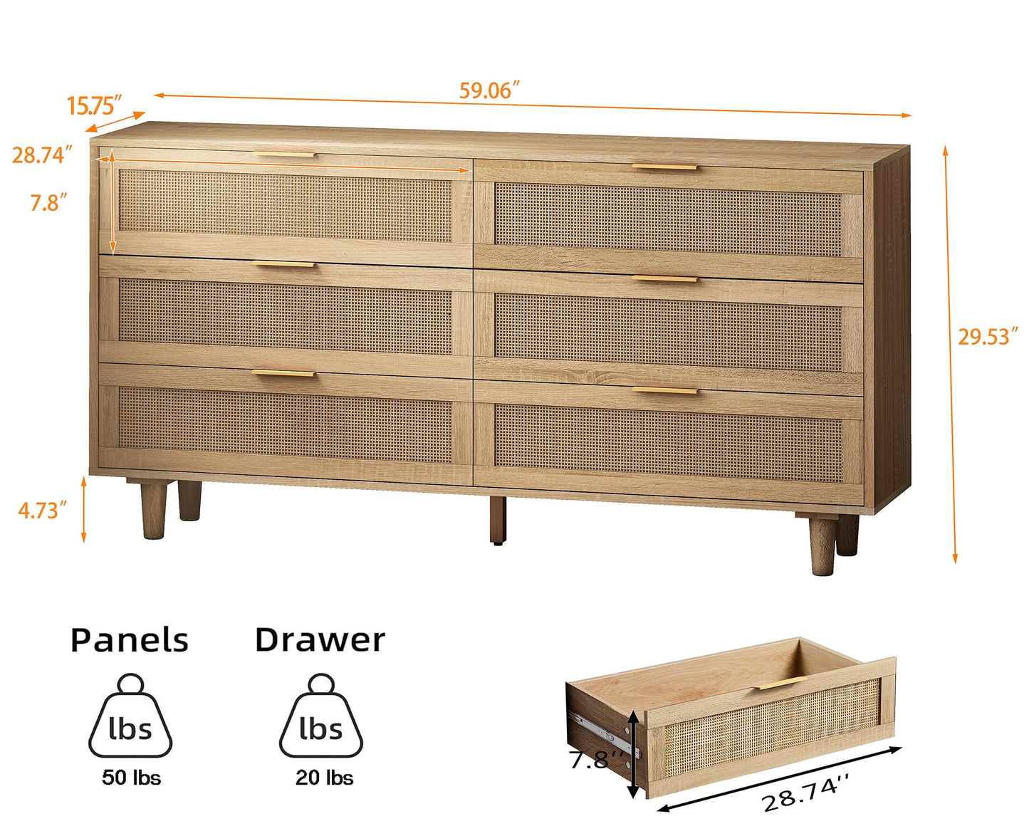 6 Drawer Double Dresser for Bedroom,Natural Rattan Modern Drawer Chest,Wooden Storage Wardrobe Dresser with Gold Handles,Floor Standing Storage Cabinet, for Entrance,Living Room,Hallway-Natural