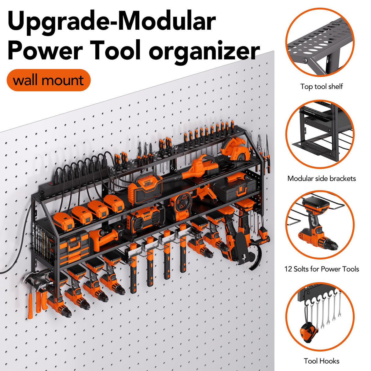 YFFSRJDJ Extra Large Power Tool Organizer Wall Mount with Charging Station, 12 Drill Holders Heavy Duty with 8-Outlet Power Strip, Garage Cordless Drill Storage and Organization, Battery Utility Rack YFFSRJDJ