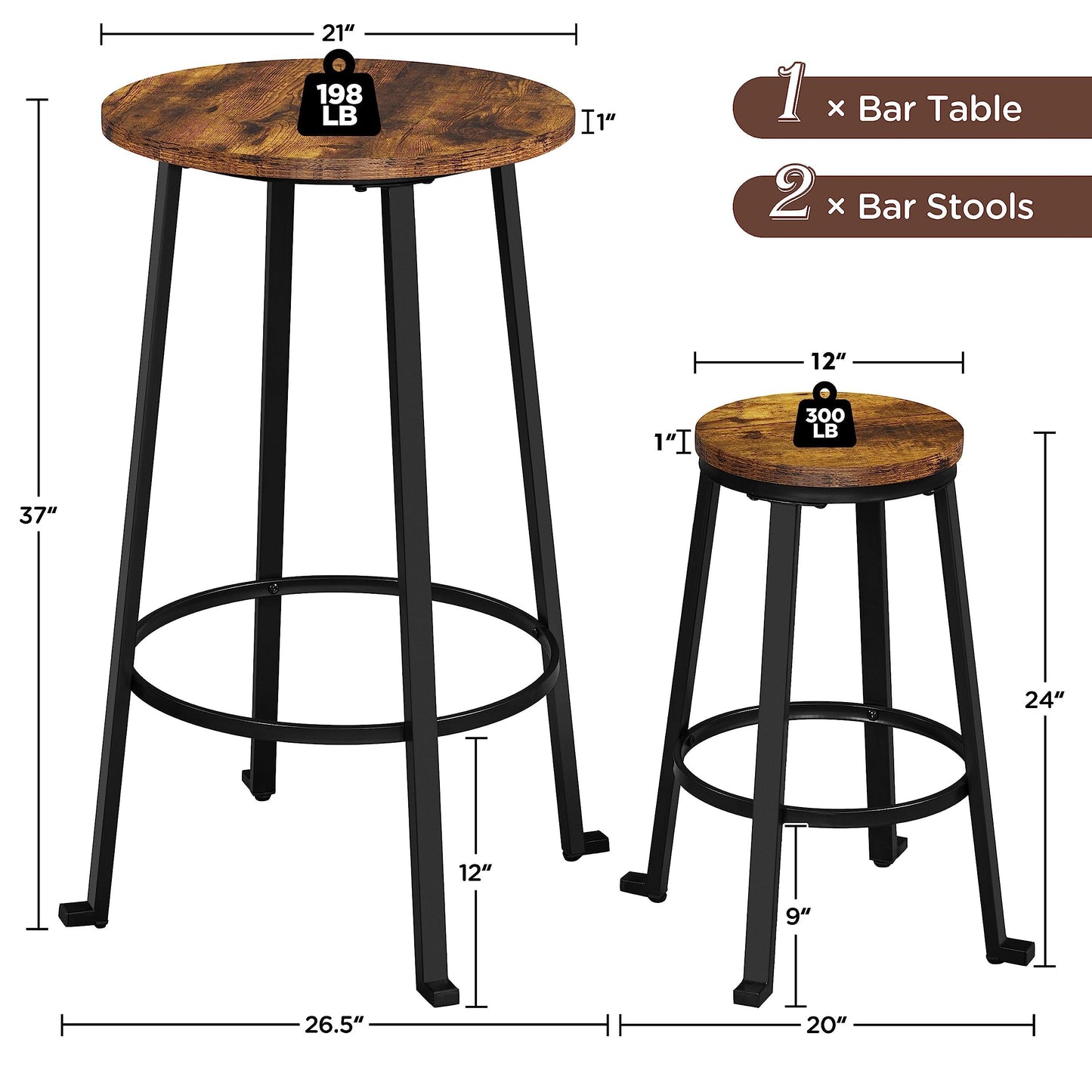 Yaheetech Rustic Industrial 3-Piece Bar Table and Stools Set for Kitchen and Dining Room - WoodArtSupply