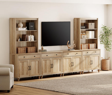 WAMPAT Entertainment Center with Bookshelves for TVs up to 75", Farmhouse Wall Unit TV Stand with 8 Doors & 4 Drawer, Media Console Table for Living Room, Bedroom & Home Theater, Oak WAMPAT