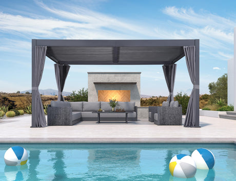 PURPLE LEAF Louvered Pergola 12' x 16' Outdoor Aluminum Modern Gray Pergola with Privacy Curtains and Mesh Netting Adjustable Louvered Roof Durable All-Weather Gazebo PURPLE LEAF