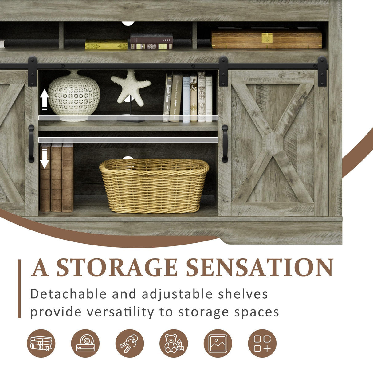 FansaFurn Farmhouse TV Stand for 65+ Inch TV, 34'' Tall Entertainment Center with Sliding Barn Doors, Rustic Wood Media Console Storage Cabinet Television Stand for Living Room, Bedroom Light Grey FansaFurn