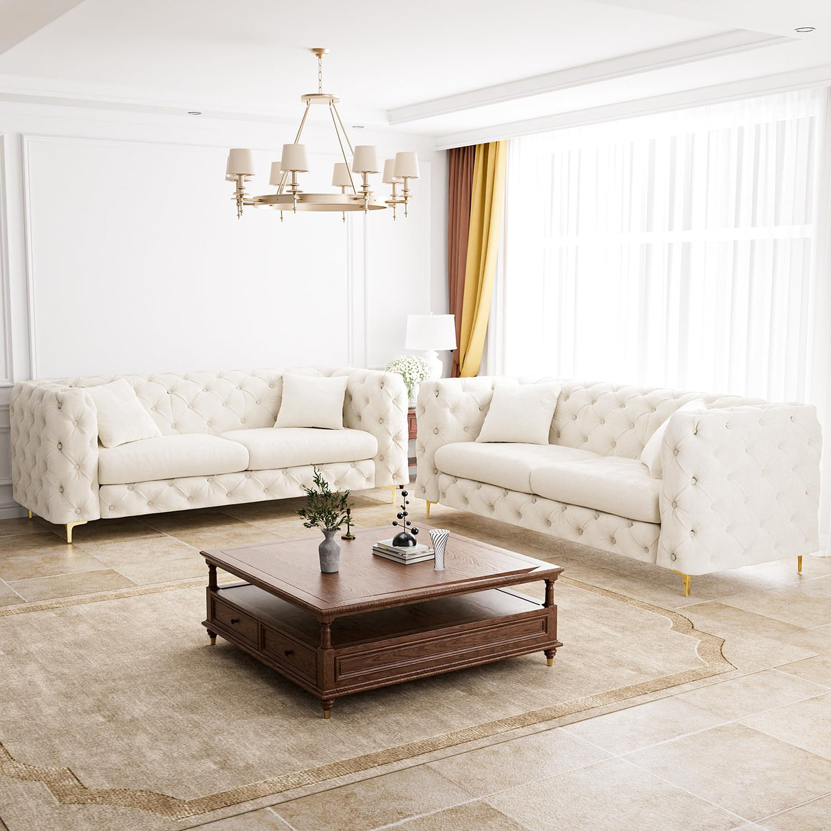 DAMAIFROM 75" Sofa Couch Mid Century Modern Velvet Couch Tufted Button Sofa High Armrest & Metal Gold Legs Luxury Chesterfield Decor with 2 Piilows Comfy Loveseat for Living Room, Beige White DAMAIFROM