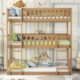 VilroCaz Modern Triple Bunk Bed, Rubber Wood Detachable Triple Twin Bunk Bed Frame, 3-in-1 Bunk Beds with Ladder and Guardrails for Kids Teens, Maximize Space (Oak-ON) VilroCaz