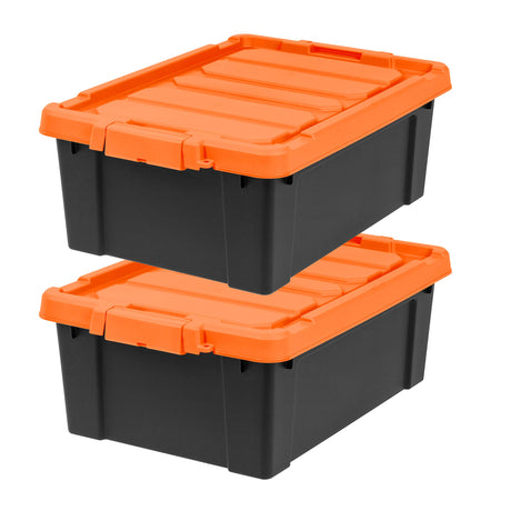 IRIS USA 12 Gallon Lockable Storage Bins with Lids, 2 Pack - Made in USA, Heavy Duty, Stackable Containers, Garage Organizing Bins Moving Tubs, Rugged Sturdy Equipment Utility Box - Black/Orange IRIS USA