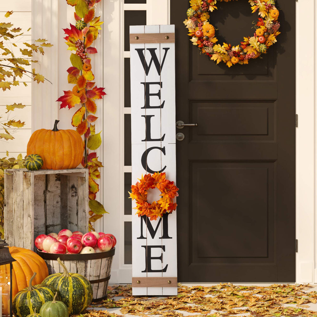 glitzhome Welcome Sign for Front Door Porch Rustic Farmhouse Wooden Hanging Wall Decor with Interchangeable Floral Wreath, 60" H, White glitzhome