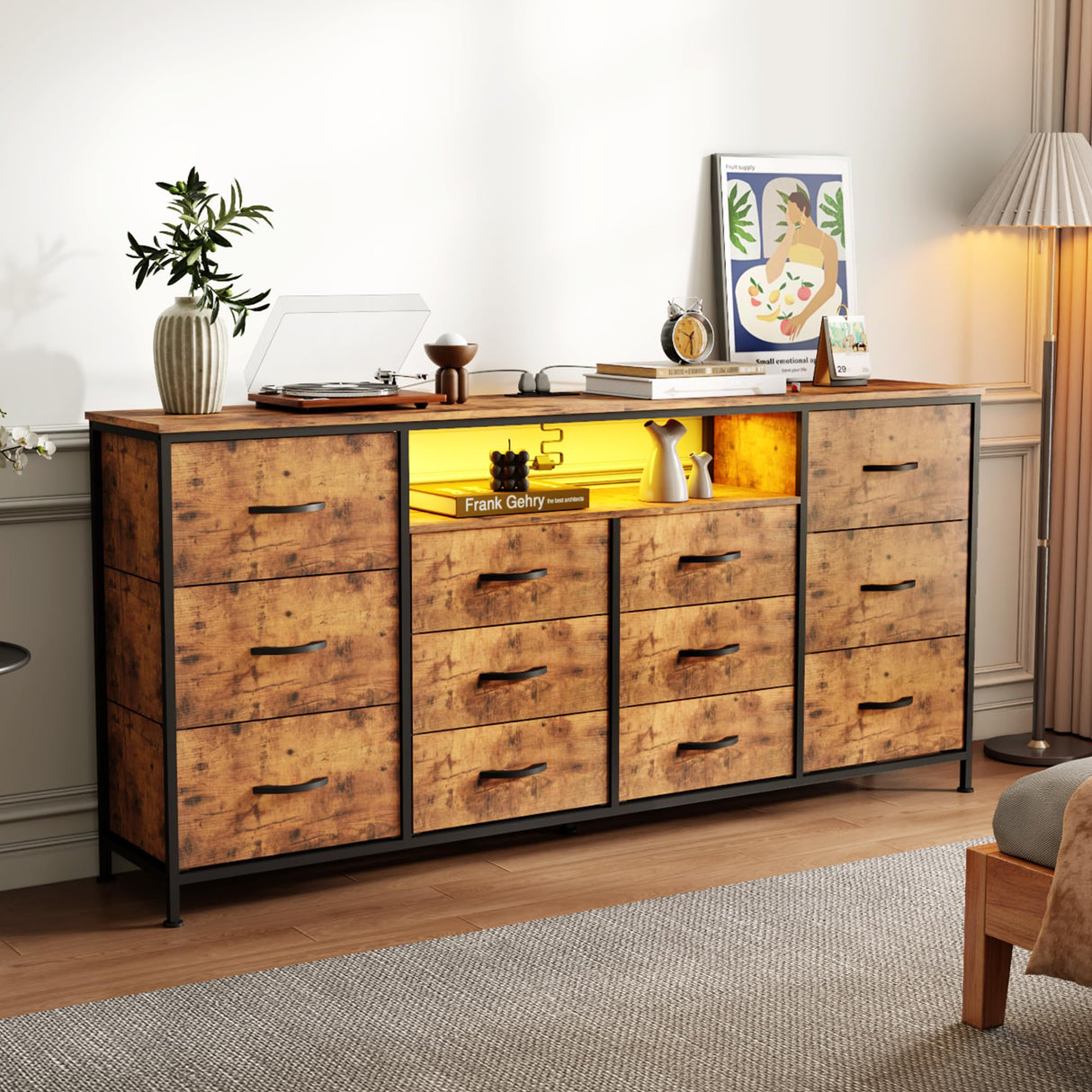 Patikuin 63" Dresser TV Stand for 65 70 75 Inch TV, Fabric Chest of Drawers with Charging Station, LED Lights, Open Shelves & 12 Drawer Dresser, Modern Entertainment Center, Rustic Brown Patikuin