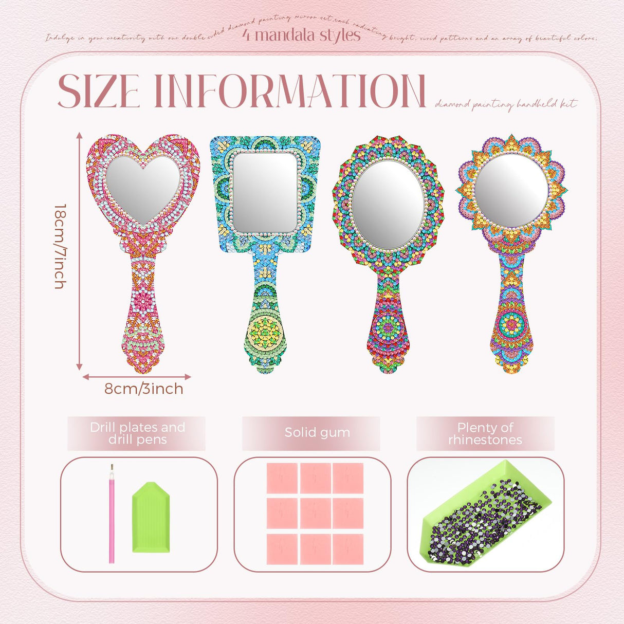 Threehoney 4 Pcs Diamond Painting Mirror Handheld Kits Valentine Christmas Art Gifts Compact Decorate Your Own Mirror for Hand DIY Crafts Threehoney