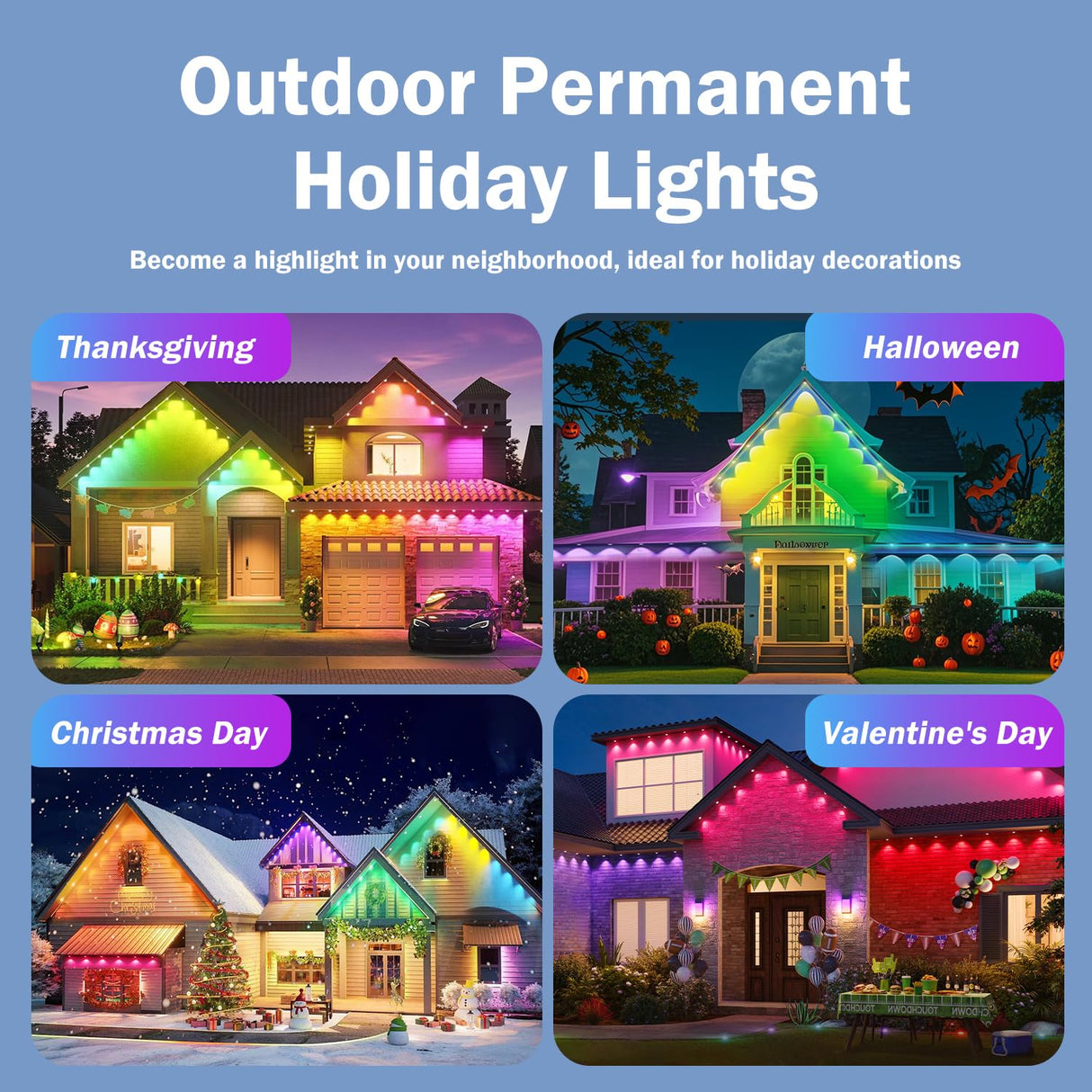 Heromind 100ft Smart RGB Outdoor Lights with 60 LED, 8000 Hour Long Life, Waterproof, Permanent Christmas Lights for Daily Decorative Lighting and Holiday Parties Heromind