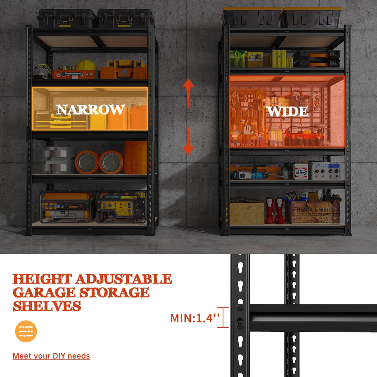 REIBII Garage Shelving 2000LBS Storage Shelves Heavy Duty Shelving 5 Tier Adjustable Metal Shelves Sturdy Storage Rack for Garage Pantry Closet Kitchen Basement 60" H x 28" W x 14" D REIBII