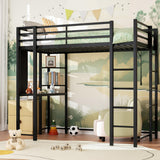 Shintenchi Full Size Loft Bed with Desk, Metal Frame with 2 Side Ladders, Storage Shelves, Safety Guardrail, Noise Free & Anti-Tilt Design, Space-Saving for Kids/Teens/Adults, Black Shintenchi